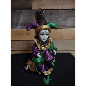 VTG Grand Casino Jester Doll on Pillow Mardi Gras Colors 12" Tall